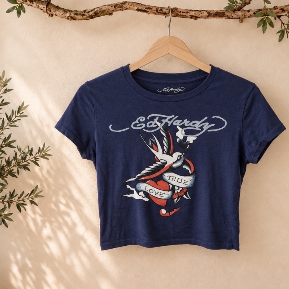 Ed Hardy Navy Blue Y2K Baby Tee True Love Swallow Graphic Crop Top Medium